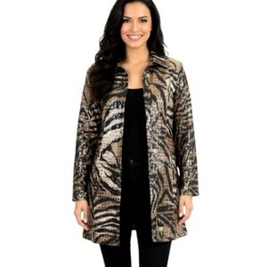 Selene Sport Vintage Shiny Tiger Print Jacket Button Front Mid Length